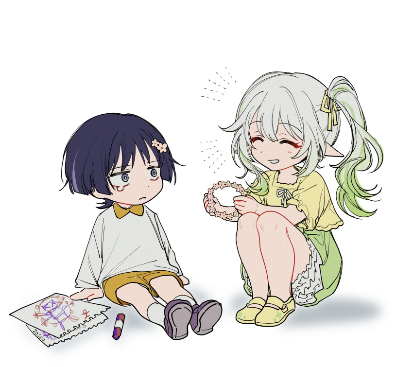 1boy, 1girl, absurdres, aged_down, alternate_costume, child's_drawing, closed_eyes, commentary