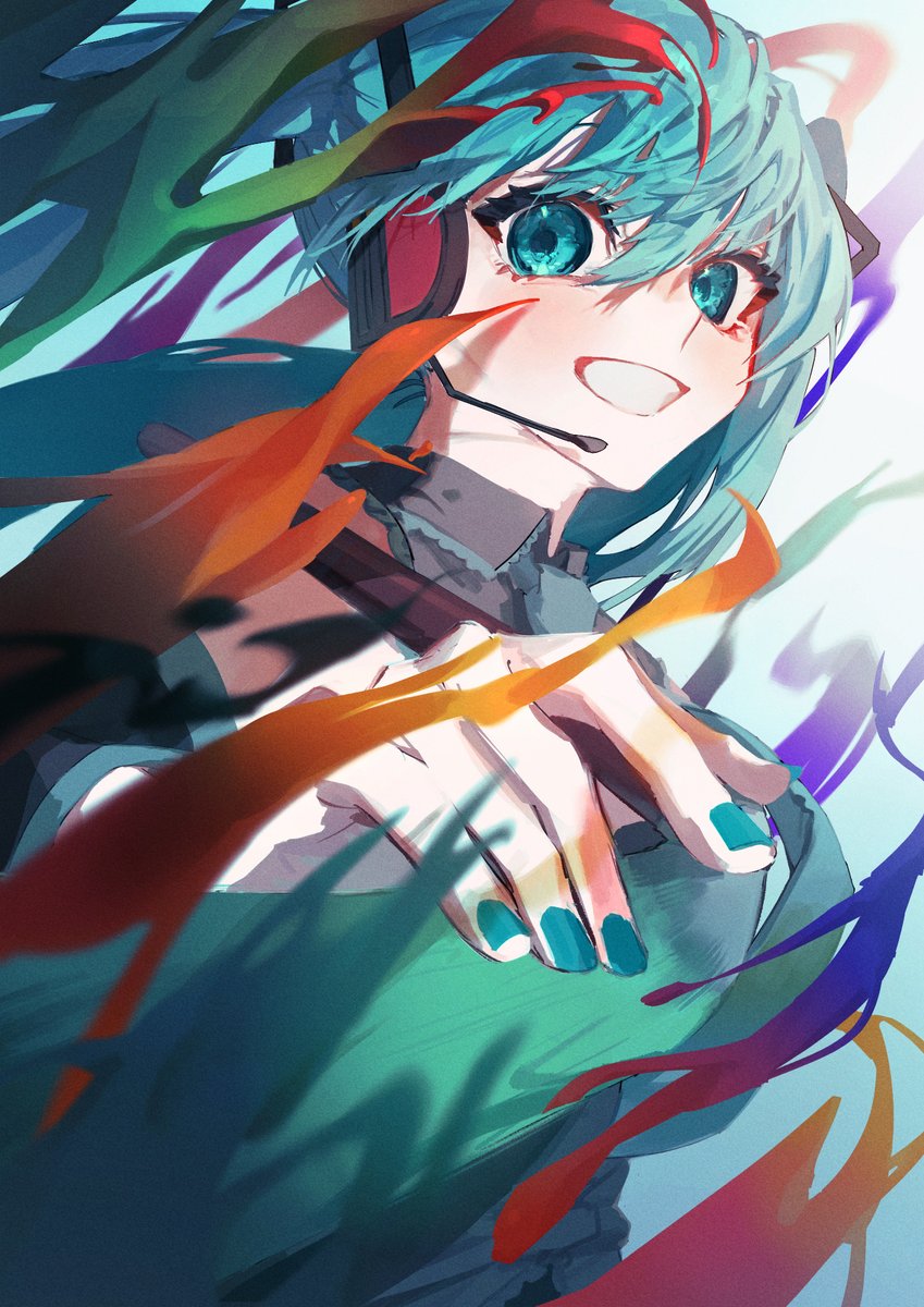 1girl, aqua_eyes, aqua_hair, aqua_nails, aqua_necktie, bare_shoulders, blue_background, collared_shirt