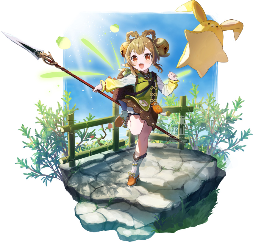 1girl, :d, basket, bell, blunt_bangs, bow-shaped_hair, braid, brown_eyes, brown_hair, chinese_clothes, commentary_request, enoki_hatoko, fence, full_body, genshin_impact, hair_bell, hair_ornament, highres, holding, holding_polearm, holding_weapon, long_hair, long_sleeves, looking_at_viewer, polearm, sidelocks, smile, solo, spear, standing, standing_on_one_leg, stuffed_animal, stuffed_rabbit, stuffed_toy, weapon, wooden_fence, yaoyao_(genshin_impact), yuegui_(genshin_impact)