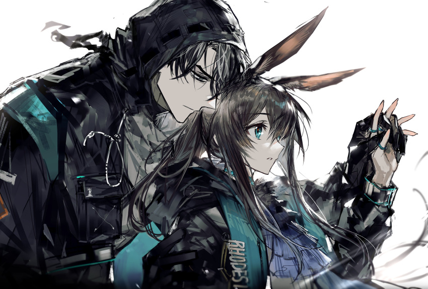 1boy, 1girl, absurdres, amiya_(arknights), animal_ears, arknights, ascot, black_coat