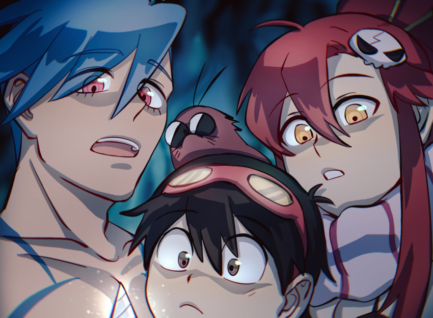 1girl, 2608337875, 2boys, black_hair, blue_hair, boota_(ttgl), core_drill, drill