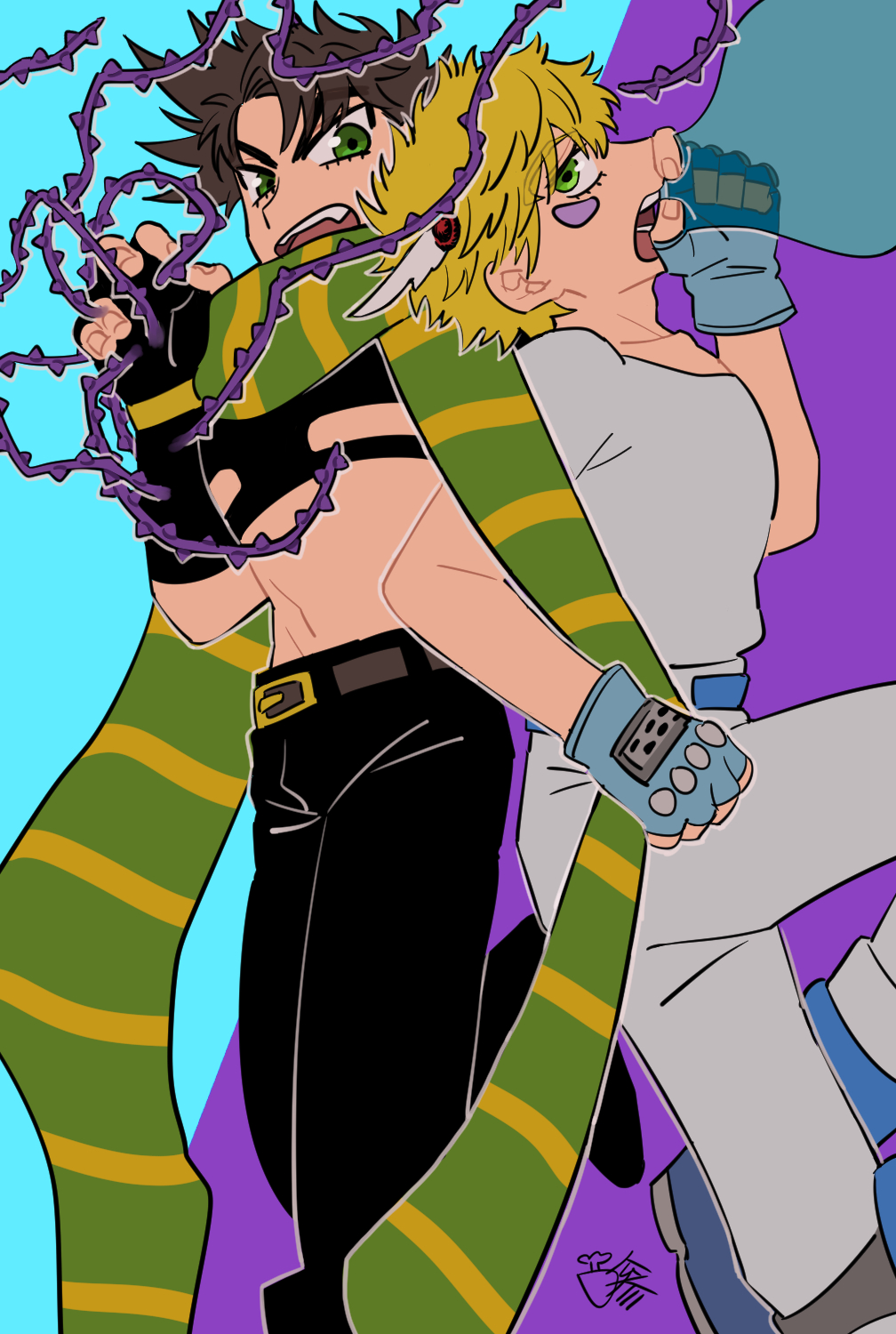 2boys, battle_tendency, blonde_hair, brown_hair, caesar_anthonio_zeppeli, carota327, crop_top, facial_mark