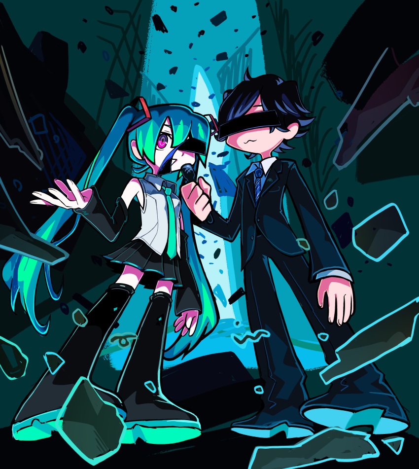 1boy, 1girl, :3, absurdres, alternate_eye_color, aqua_hair, aqua_necktie, arufa_faru