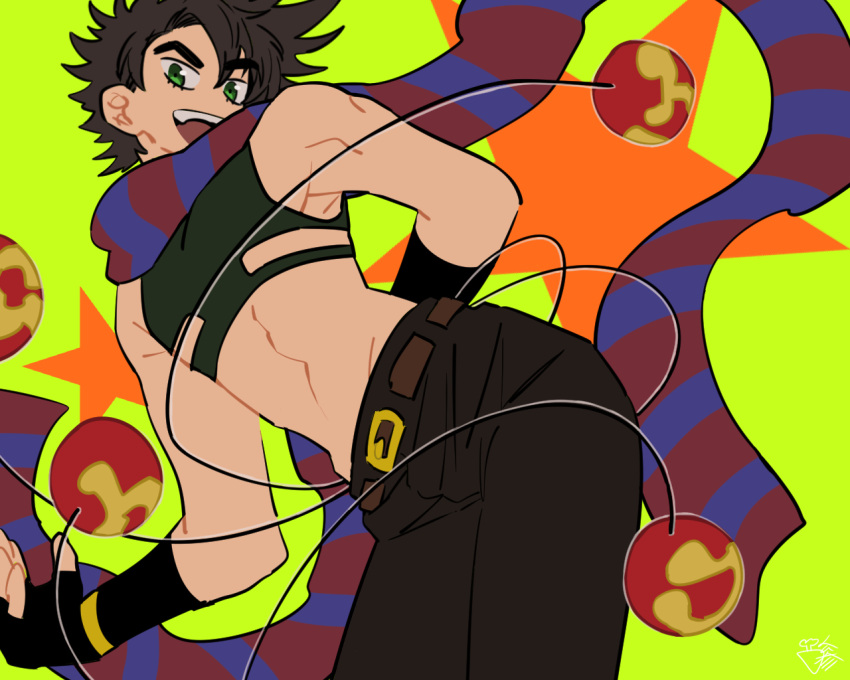 1boy, battle_tendency, black_hair, bola_(weapon), brown_hair, carota327, clacker, crop_top