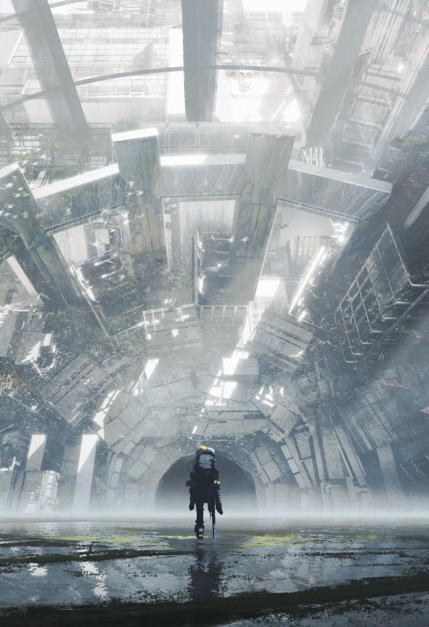 2girls, abandoned, absurdres, asteroid_ill, bird_wings, black_pants, blade_runner, blonde_hair