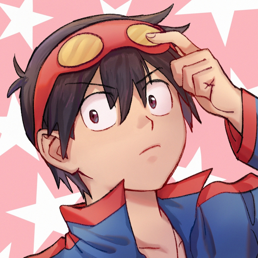 1boy, 2608337875, adjusting_goggles, black_eyes, black_hair, blue_jacket, goggles, goggles_on_head, highres, jacket, male_focus, simon_(ttgl), solo, tengen_toppa_gurren_lagann