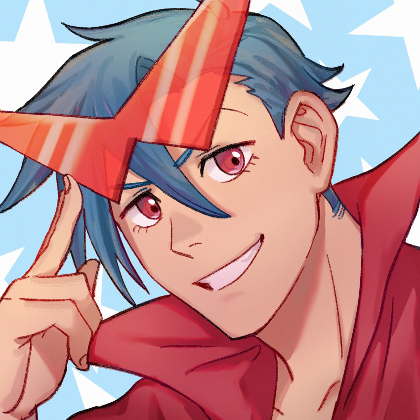 1boy, 2608337875, adjusting_eyewear, blue_hair, cape, eyewear_on_head, grin, highres