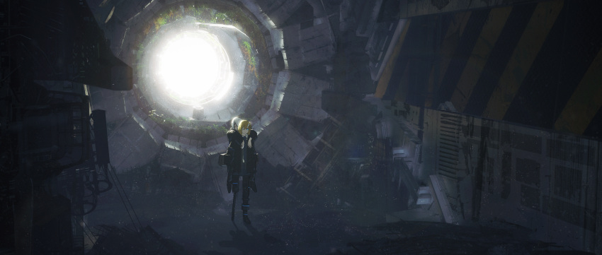 2girls, :|, abandoned, absurdres, asteroid_ill, bandage_over_one_eye, black_jacket, black_pants
