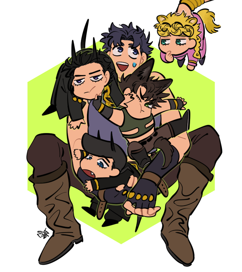 6+boys, animal_ears, battle_tendency, black_hair, blonde_hair, blue_hair, boots, braid