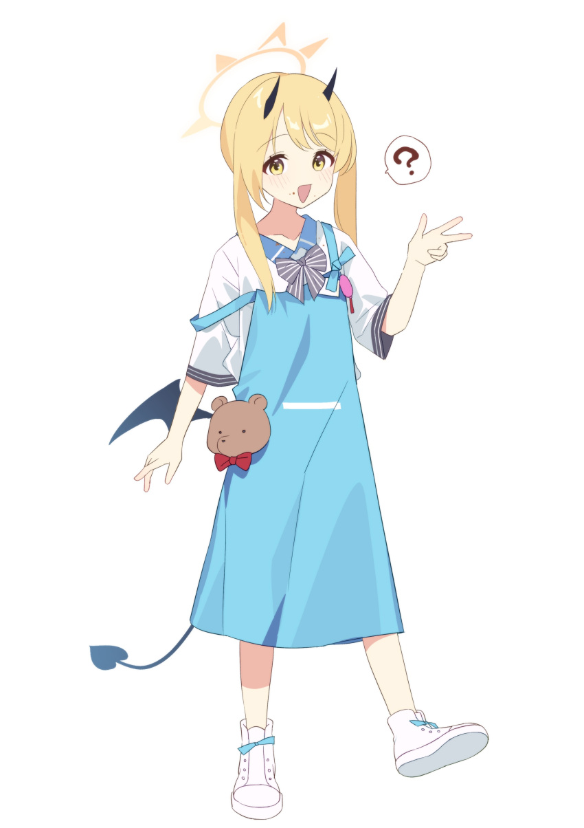 1girl, :d, ?, absurdres, adapted_costume, apron, black_horns, black_tail