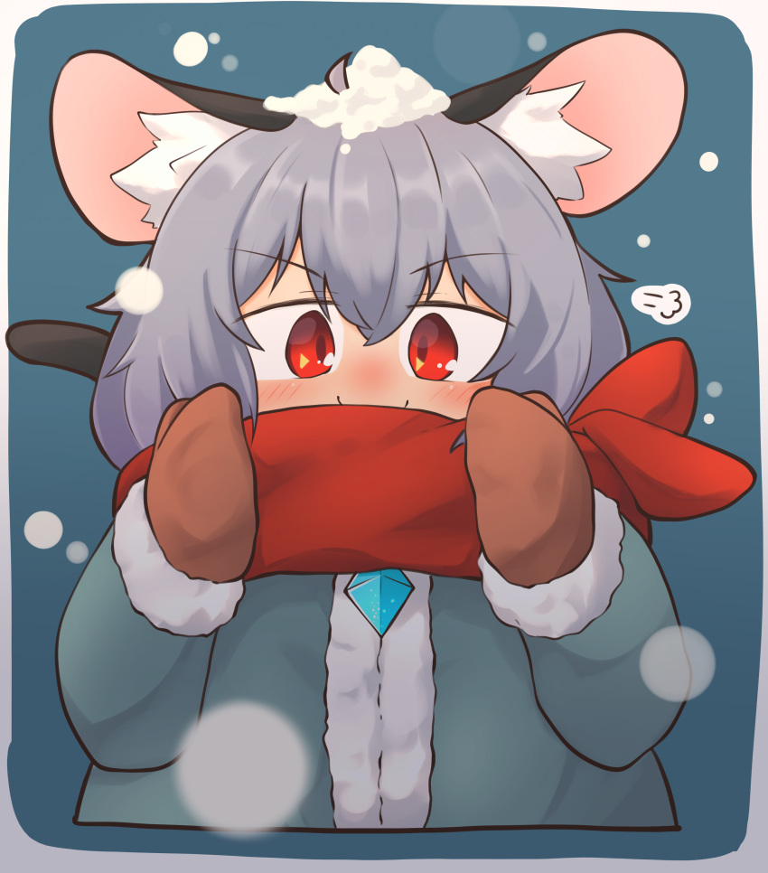 1girl, absurdres, animal_ear_fluff, animal_ears, blue_background, blush, border, brown_mittens