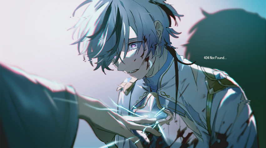 1boy, bishounen, black_hair, blade_(nu_carnival), citi_(shirosora), gem, hair_over_eyes, long_sleeves, male_focus, multicolored_hair, nu_carnival, open_mouth, sharp_teeth, short_hair, streaked_hair, teeth, violet_eyes, white_hair