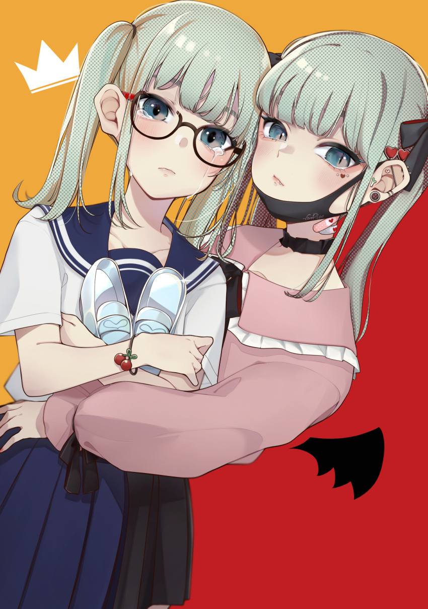 2girls, :/, absurdres, aqua_hair, bandaid, bandaid_on_neck, bat_wings, bespectacled, black-framed_eyewear, black_choker, black_mask, black_ribbon, black_skirt, black_wings, blouse, blue_eyes, blue_sailor_collar, blue_skirt, blunt_bangs, bracelet, choker, cinderella_(vocaloid), closed_mouth, collared_shirt, commentary, cowboy_shot, creator_connection, crown, crying, crying_with_eyes_open, dual_persona, dutch_angle, ear_piercing, earrings, facial_mark, fang, food-themed_bracelet, frilled_shirt_collar, frills, frown, glass_slipper, glasses, glint, hair_ornament, hair_ribbon, halftone, hand_on_own_arm, hatsune_miku, heart, heart_facial_mark, heart_hair_ornament, highres, holding, holding_clothes, holding_footwear, hug, hug_from_behind, jewelry, long_hair, long_sleeves, looking_at_viewer, mask, mini_wings, mouth_mask, multiple_girls, multiple_persona, neck_ribbon, object_hug, orange_background, piercing, pink_lips, pink_shirt, pleated_skirt, puffy_long_sleeves, puffy_sleeves, red_background, ribbon, sailor_collar, school_uniform, semi-rimless_eyewear, serafuku, shirt, short_sleeves, skirt, striped, stud_earrings, tears, twintails, two-tone_background, two-tone_shirt, under-rim_eyewear, uni_zarigani, vampire_(vocaloid), vocaloid, white_serafuku, white_shirt, white_stripes, wings