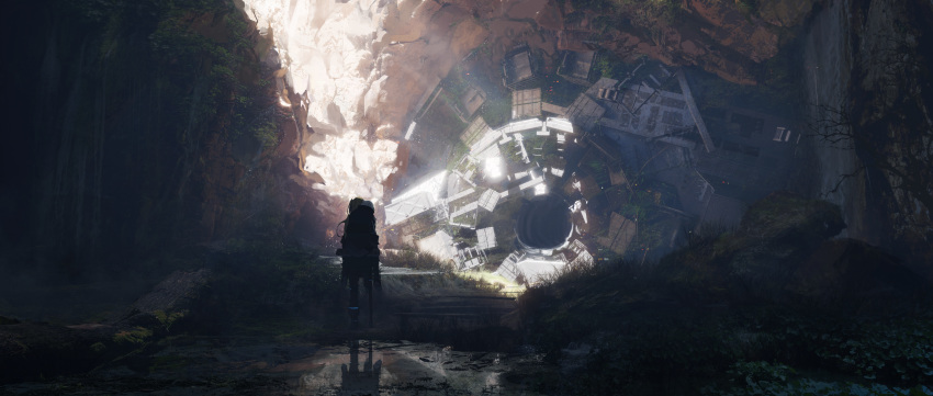 2girls, abandoned, absurdres, asteroid_ill, black_jacket, black_pants, blade_runner, blonde_hair