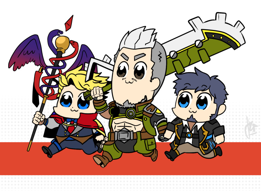 3boys, artist_name, beard, black_eyes, black_hair, blonde_hair, blue_eyes, cape