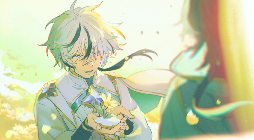 1boy, bishounen, black_hair, blade_(nu_carnival), citi_(shirosora), flower, gem, hair_over_eyes