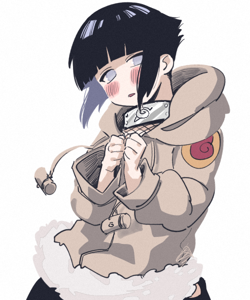 1girl, black_hair, blunt_bangs, carota327, fur-trimmed_jacket, fur_trim, hood, hoodie