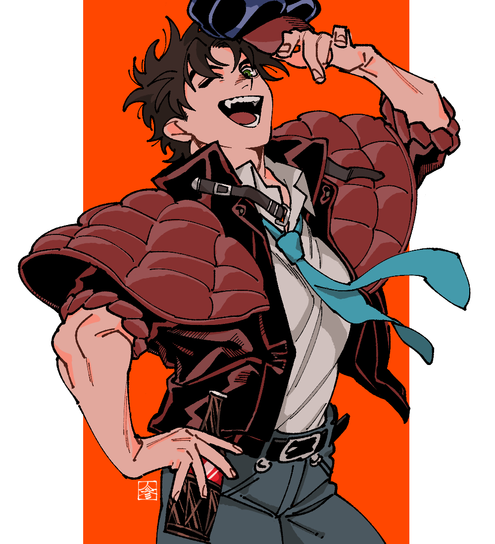 1boy, battle_tendency, brown_hair, cabbie_hat, carota327, cola, fang, fingerless_gloves