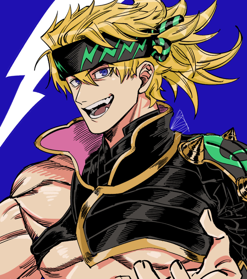 1boy, blonde_hair, blue_eyes, carota327, fang, fate/grand_order, fate_(series), headband, highres, igote, male_focus, muscular, muscular_male, official_alternate_costume, pectorals, sakata_kintoki_(fate), sakata_kintoki_(heian_warrior_attire)_(fate), single_bare_shoulder, solo