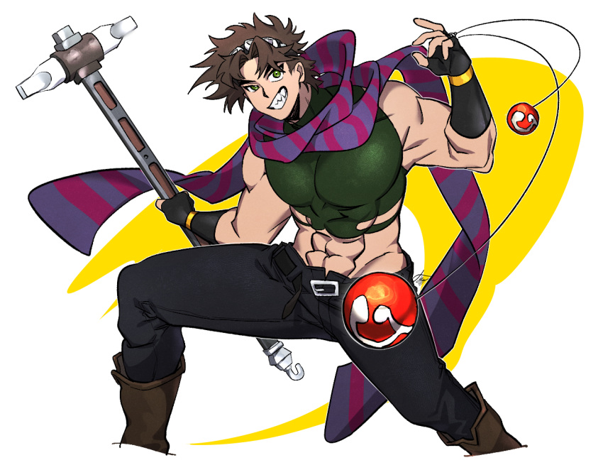 1boy, abs, battle_tendency, bola_(weapon), boots, brown_hair, carota327, crop_top