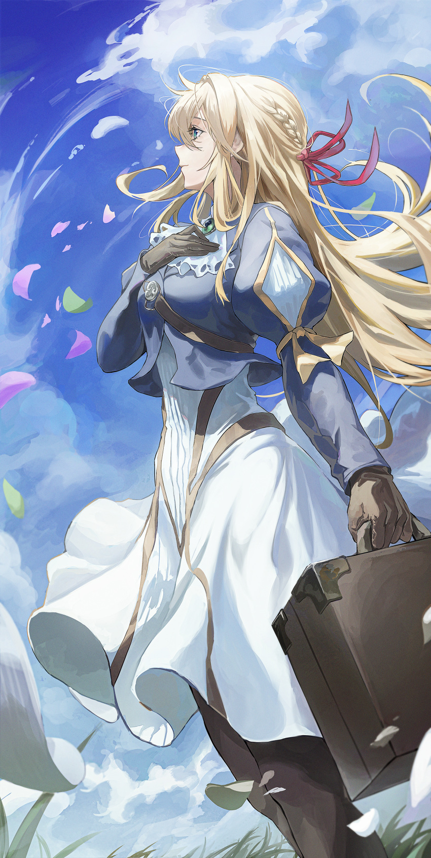 1girl, absurdres, ascot, black_pantyhose, blonde_hair, blue_eyes, blue_jacket, blue_sky