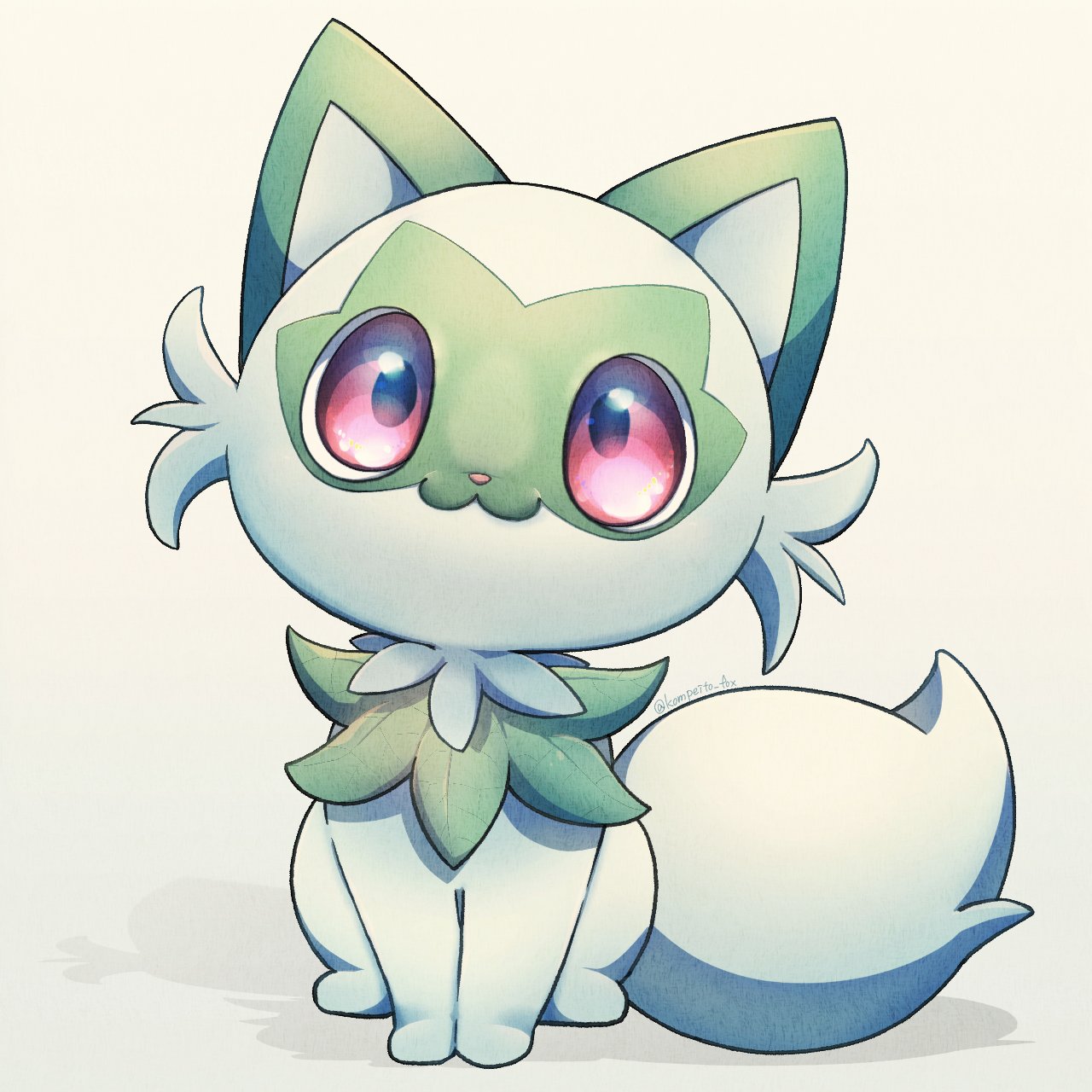 highres, kompeito_fox, looking_at_viewer, no_humans, pokemon, pokemon_(creature), shadow, simple_background, solo, sprigatito, white_background