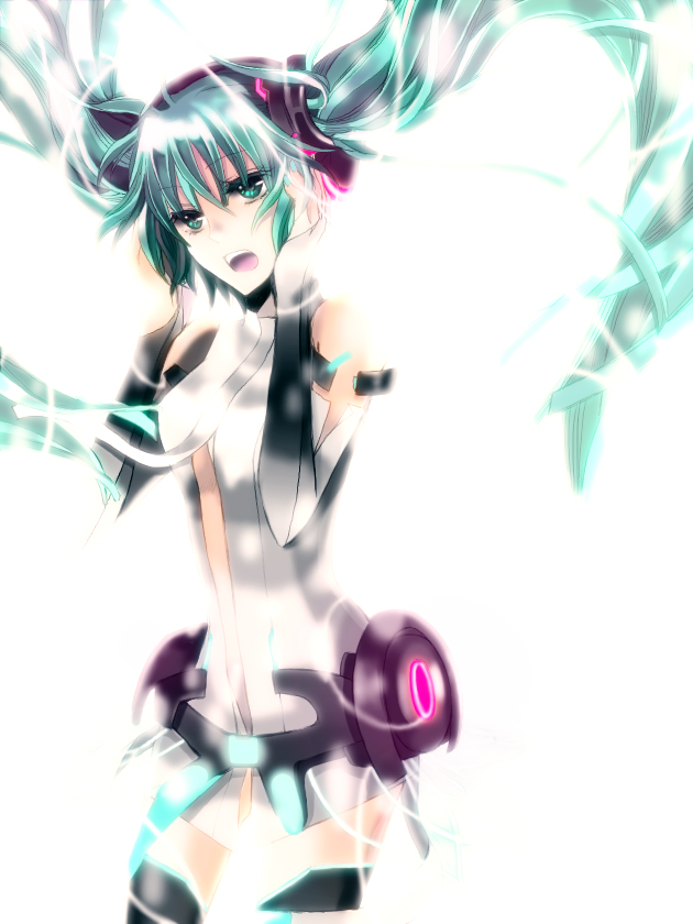 aqua_hair, bad_id, bridal_gauntlets, green_eyes, hatsune_miku, hatsune_miku_(append), kanari55, long_hair, miku_append, necktie, open_mouth, simple_background, solo, thigh-highs, thighhighs, twintails, vocaloid, vocaloid_append