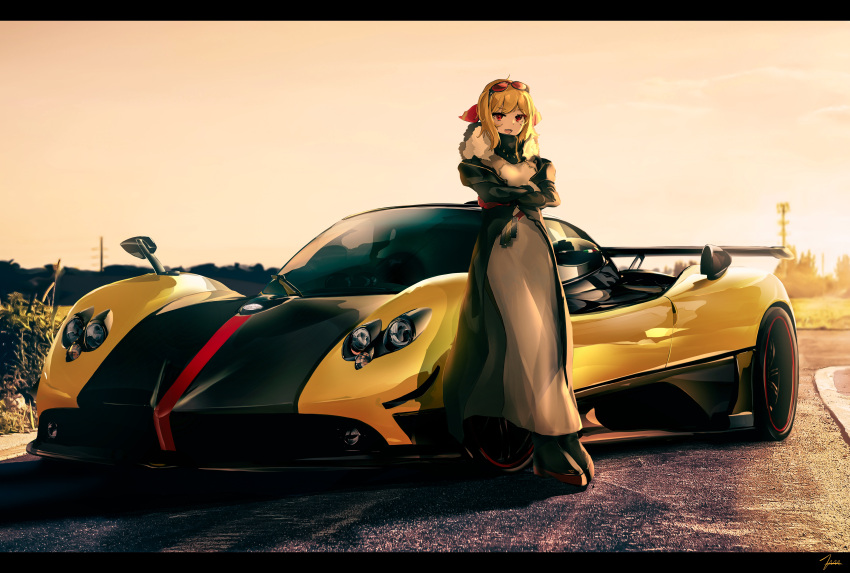 1girl, absurdres, black_footwear, black_jacket, blonde_hair, boots, car, commentary, crossed_arms, dress, eyewear_on_head, ground_vehicle, hair_ribbon, highres, hololive, hololive_indonesia, jacket, kaela_kovalskia, letterboxed, long_hair, long_jacket, looking_at_viewer, motor_vehicle, nougat_(73r1r1), open_mouth, pagani, pagani_zonda, red_eyes, red_ribbon, ribbon, sky, solo, spoiler_(automobile), sports_car, sunglasses, vehicle_focus, virtual_youtuber, white_dress