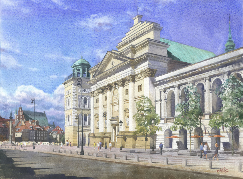 2boys, 2girls, 6+others, arch, architecture, artist_name, black_dress, black_pants