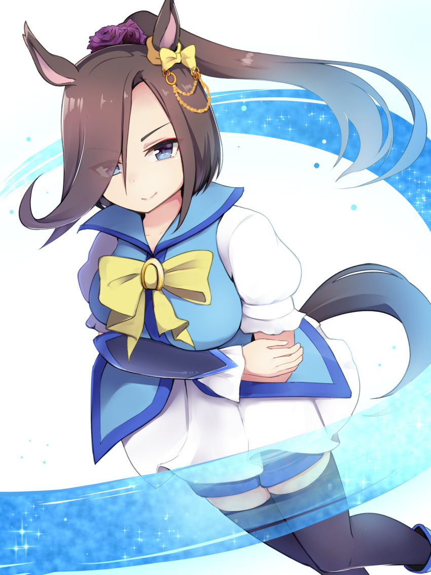 1girl, air_groove_(umamusume), alternate_hair_length, alternate_hairstyle, animal_ears, arm_guards, arms_under_breasts, black_thighhighs
