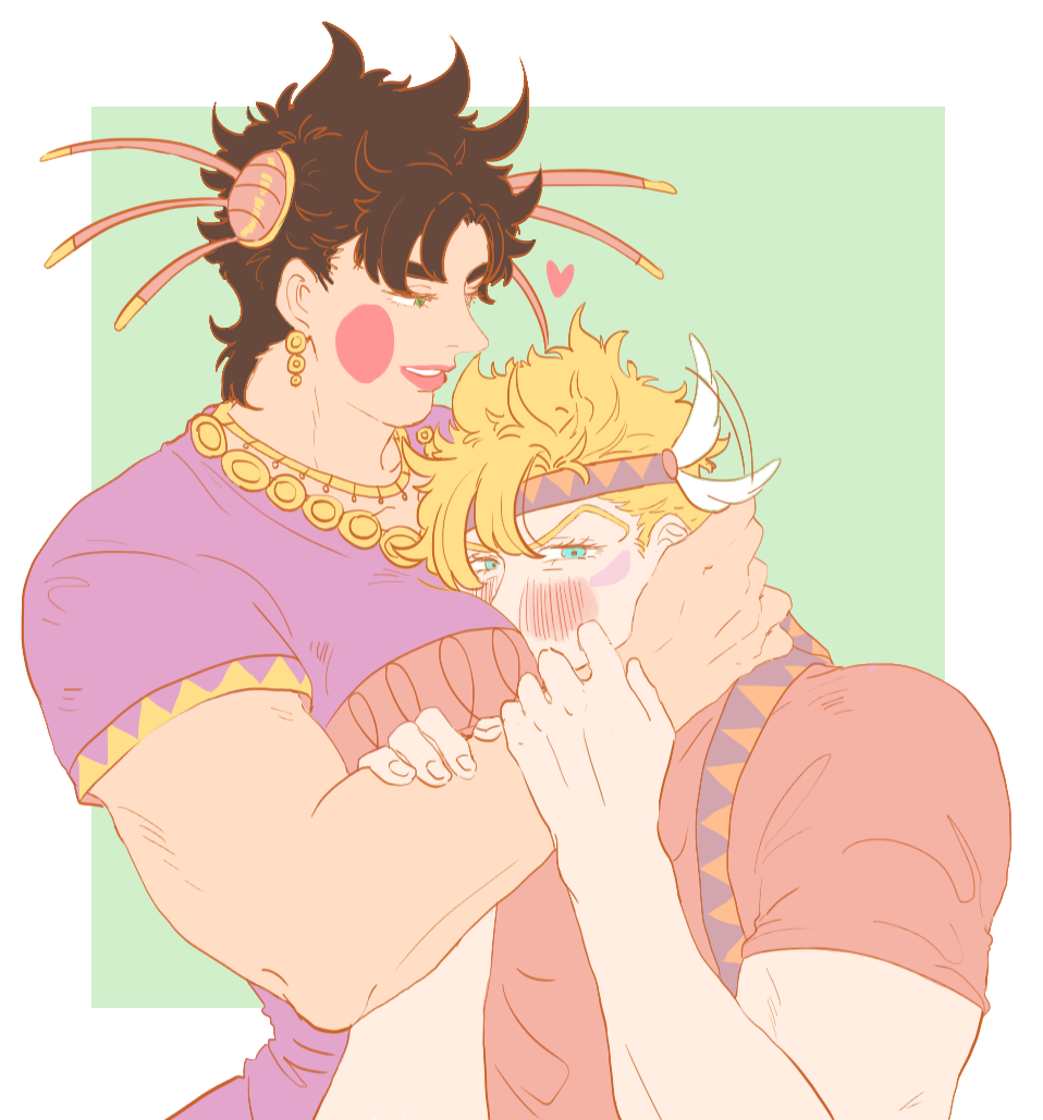 2boys, battle_tendency, between_breasts, blonde_hair, blush, breast_padding, breasts, brown_hair