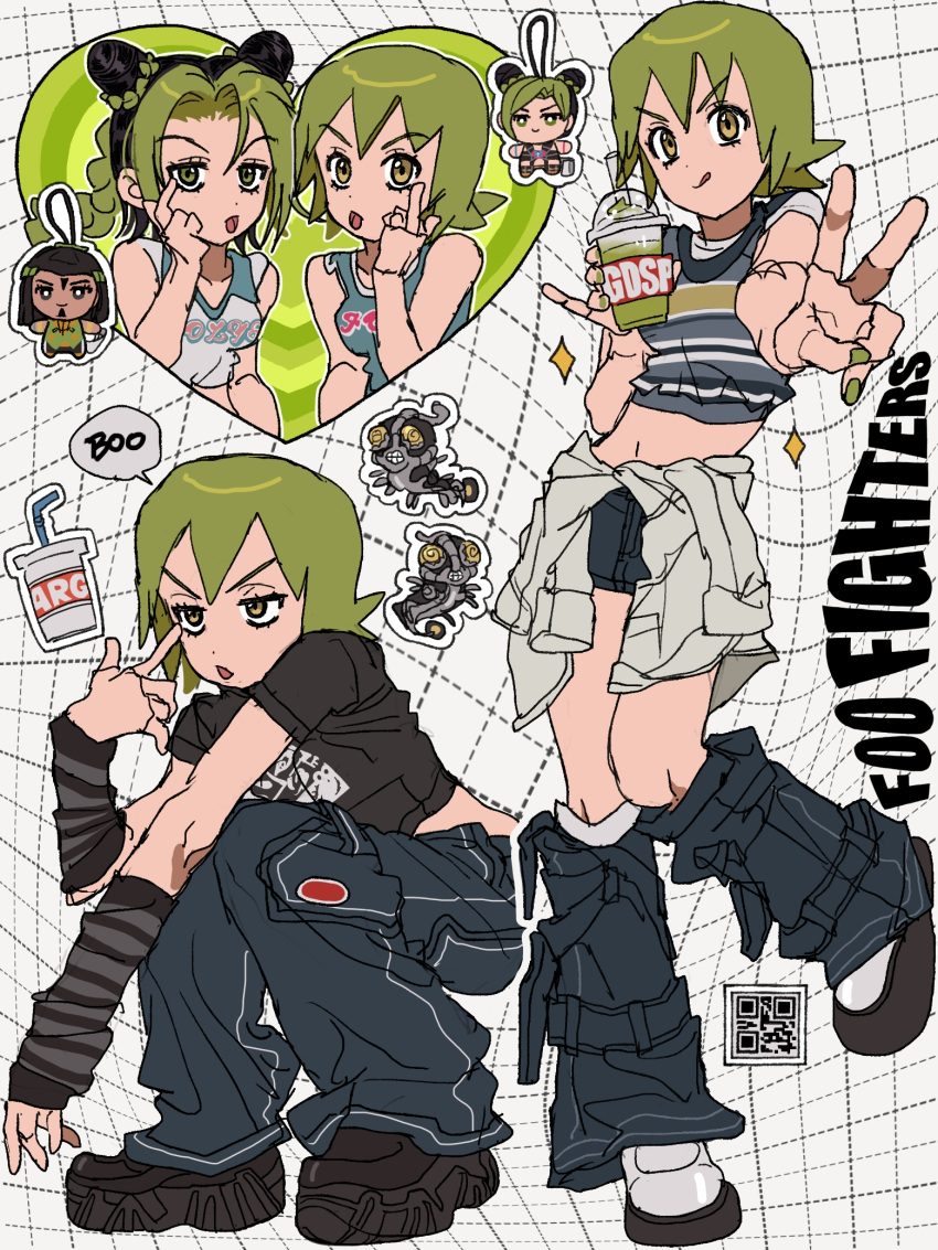 3girls, akanbe, arm_warmers, black_hair, clothes_around_waist, crop_top, dark-skinned_female, dark_skin, denim, detached_sleeves, double_bun, dreadlocks, ermes_costello, foo_fighters, foo_fighters_(stand), fu_r_y, green_hair, green_lips, hair_bun, highres, jacket, jacket_around_waist, jeans, jojo_no_kimyou_na_bouken, keychain, kujo_jolyne, loose_socks, midriff, multicolored_hair, multiple_girls, multiple_persona, pants, short_hair, slushie, socks, stand_(jojo), stone_ocean, tongue, tongue_out, two-tone_hair