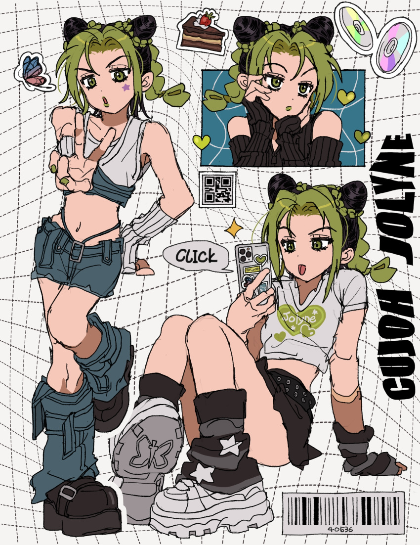 3girls, arm_warmers, barcode, bare_shoulders, belt, black_hair, bug, butterfly, cake, cd, cellphone, cone_hair_bun, crop_top, double_bun, facial_mark, food, fu_r_y, gloves, green_eyes, green_hair, green_lips, hair_bun, highleg, highleg_panties, highres, jojo_no_kimyou_na_bouken, kujo_jolyne, loose_socks, midriff, multicolored_hair, multiple_girls, multiple_persona, navel, one-piece_thong, panties, phone, punk, rocker-chic, shirt, shoes, short_shorts, shorts, single_glove, smartphone, sneakers, socks, stone_ocean, string_panties, studded_belt, t-shirt, tongue, tongue_out, two-tone_hair, underwear
