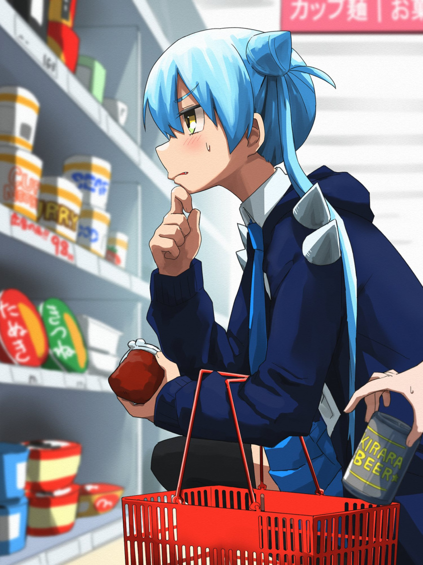 2girls, alcohol, beer, beer_can, black_thighhighs, blue_jacket, blue_necktie, blue_skirt, blush, can, character_request, coin_purse, cone_hair_bun, fang, food, from_side, hair_between_eyes, hair_bun, highres, holding, holding_can, jacket, long_hair, long_sleeves, multiple_girls, necktie, pleated_skirt, ramen, shelf, shinigami_dot_com, shop, shopping_basket, skirt, solo_focus, squatting, thigh-highs, yachima_tana, yellow_eyes