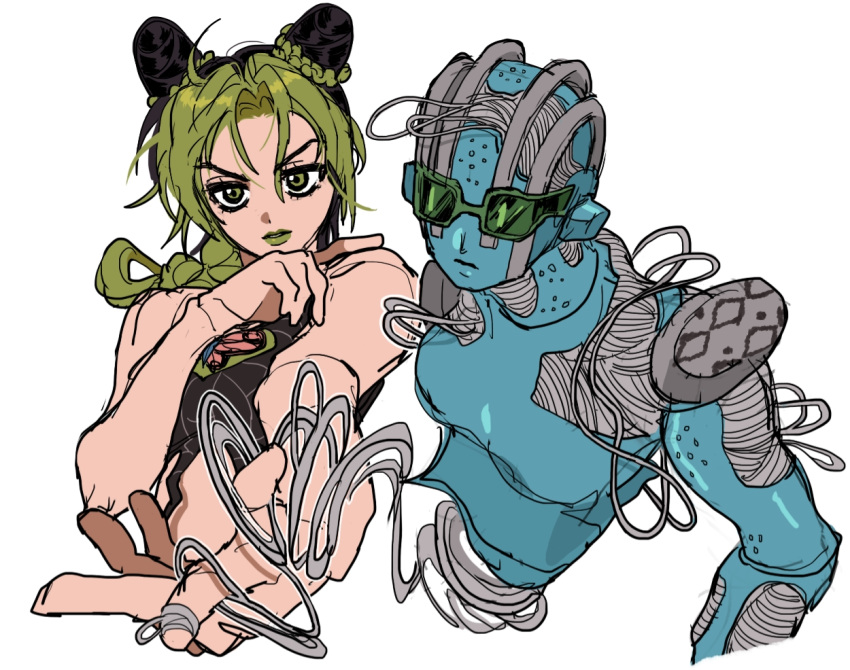 2girls, black_hair, cone_hair_bun, double_bun, fu_r_y, green_eyes, green_hair, green_lips