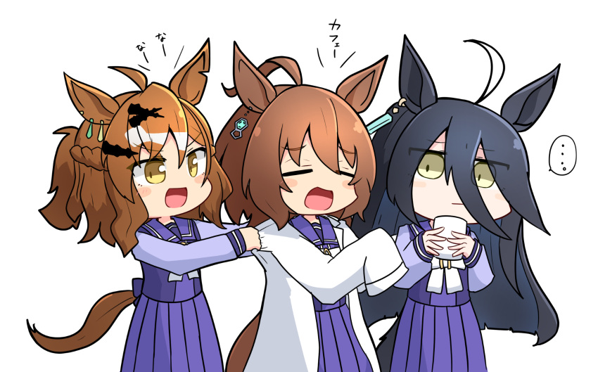 ..., 3girls, =_=, agnes_tachyon_(umamusume), ahoge, animal_ears, annoyed, black_hair