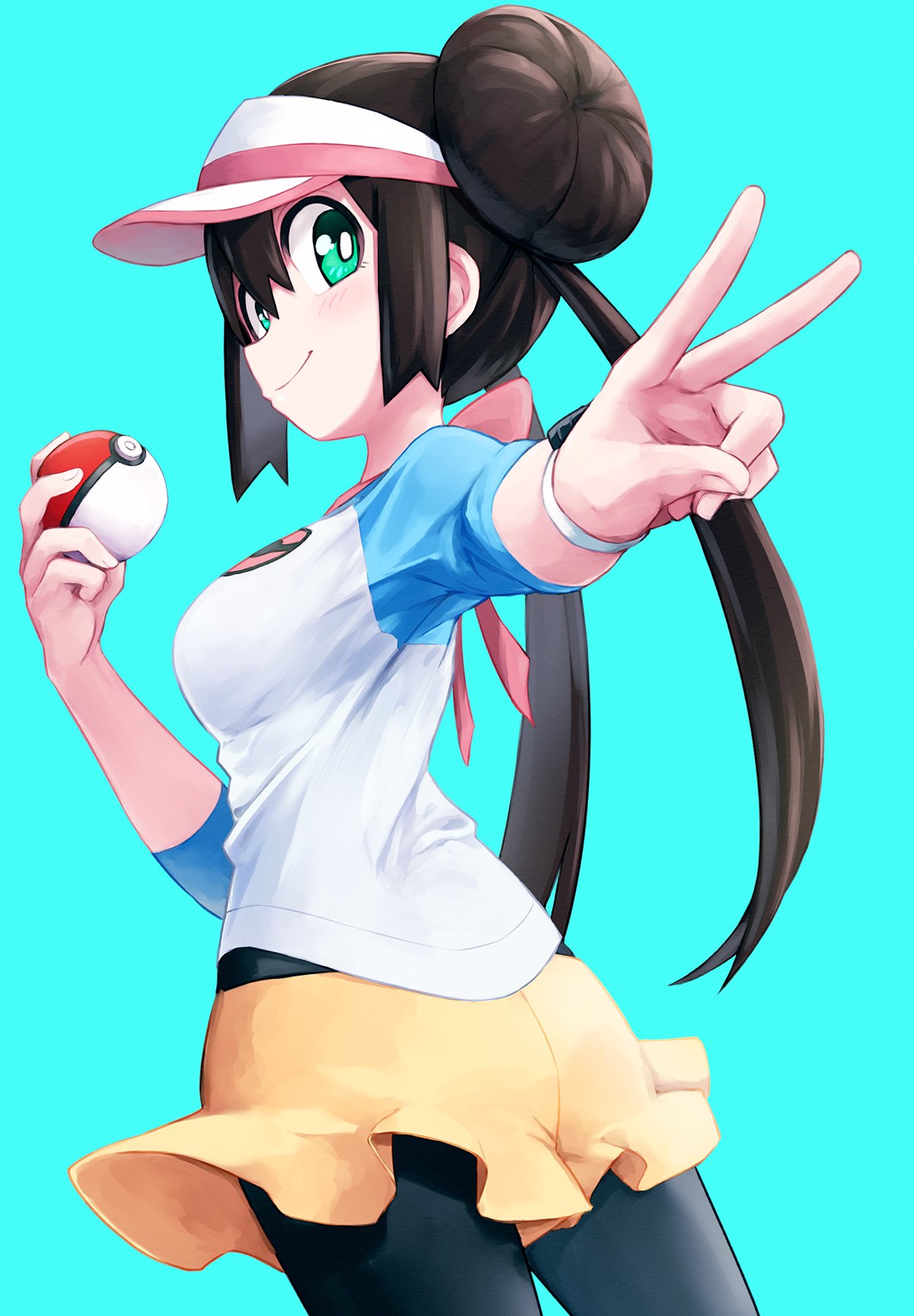 1girl, aqua_background, black_hair, black_pantyhose, blush, breasts, green_eyes, hair_between_eyes
