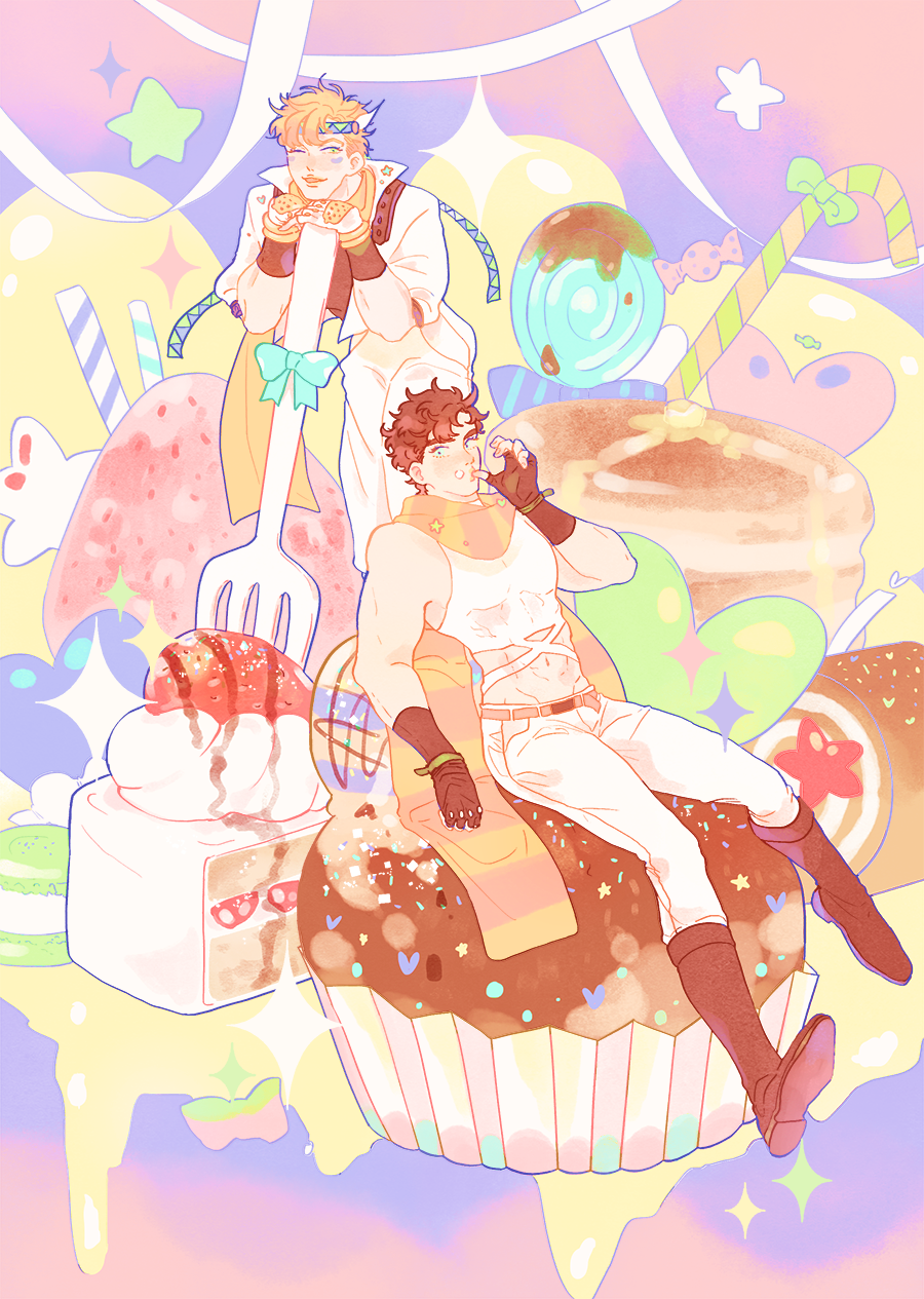 2boys, battle_tendency, blonde_hair, brown_hair, caesar_anthonio_zeppeli, cake, candy, crop_top