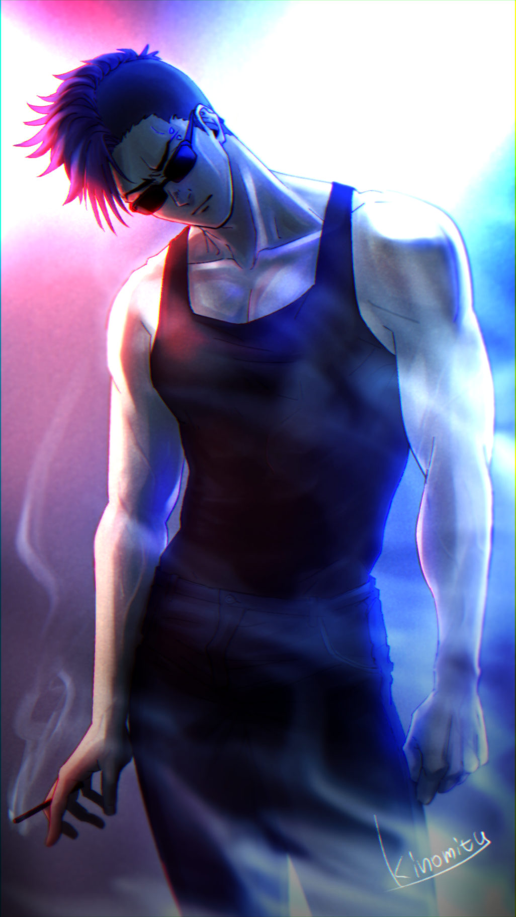 1boy, artist_name, banana_fish, black_shirt, cigarette, collarbone, highres, male_focus