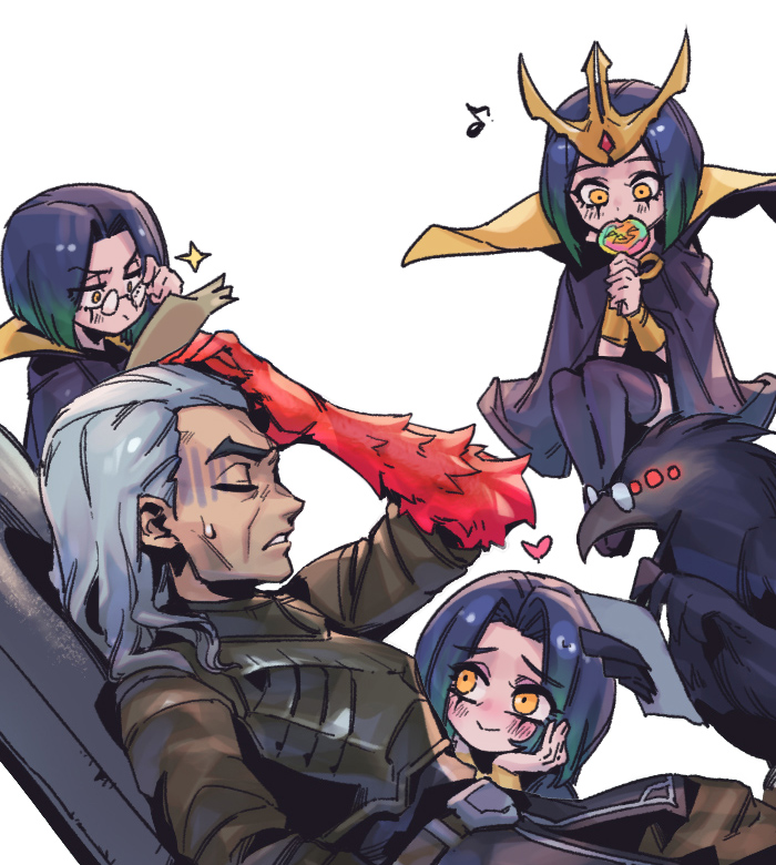 1boy, 3girls, armor, beatrice_(league_of_legends), belt, bespectacled, bird, black_cape, black_thighhighs, blue_background, blush, breastplate, brown_belt, candy, cape, colored_skin, crow, food, glasses, happy, heart, holding, holding_candy, holding_food, holding_lollipop, holding_paper, holding_pen, league_of_legends, leblanc_(league_of_legends), lollipop, looking_at_another, medium_hair, multiple_girls, multiple_persona, musical_note, orange_eyes, paper, pen, phantom_ix_row, purple_hair, red_skin, round_eyewear, simple_background, sitting, smile, sparkle, swain_(league_of_legends), thigh-highs, white_background, yellow_eyes
