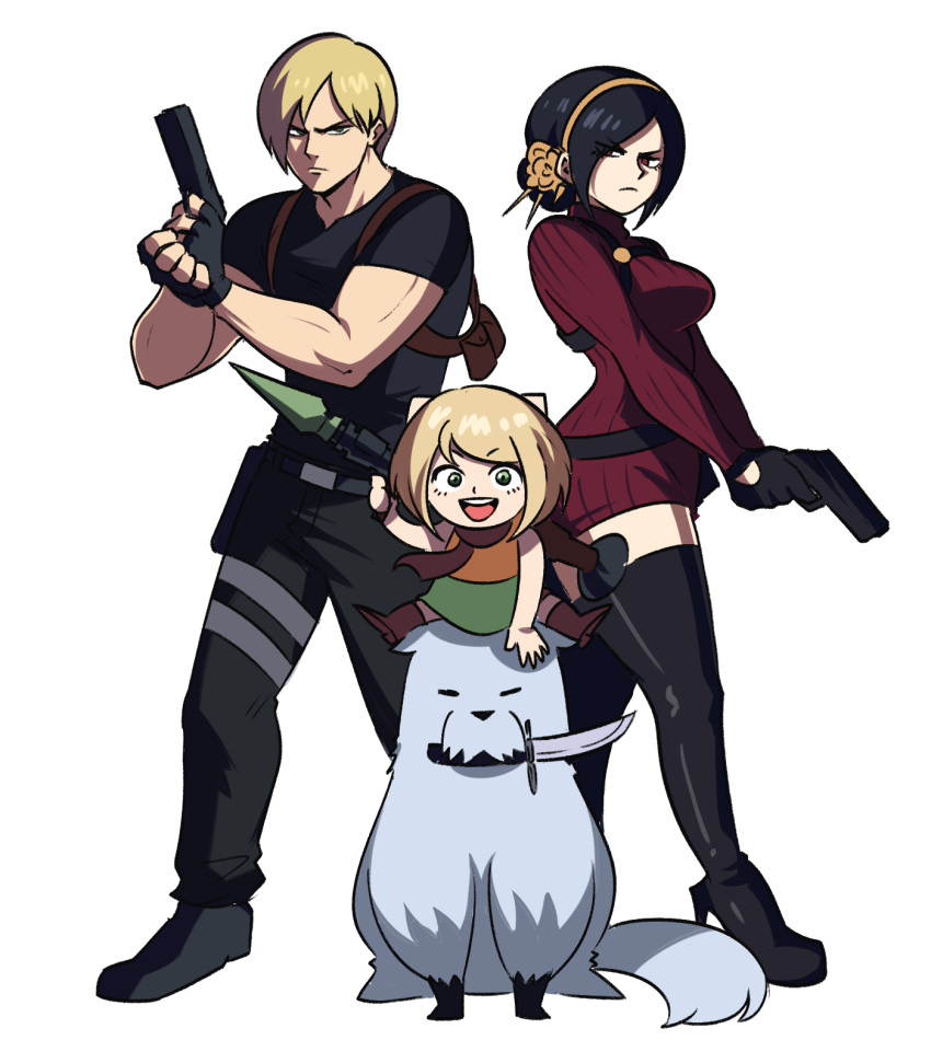 1boy, 2girls, ada_wong, ada_wong_(cosplay), alternate_hair_color, anya_(spy_x_family), ashley_graham, ashley_graham_(cosplay)