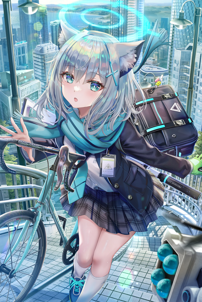 1girl, animal_ear_fluff, animal_ears, bag, bicycle, blue_archive, blue_eyes, blue_jacket