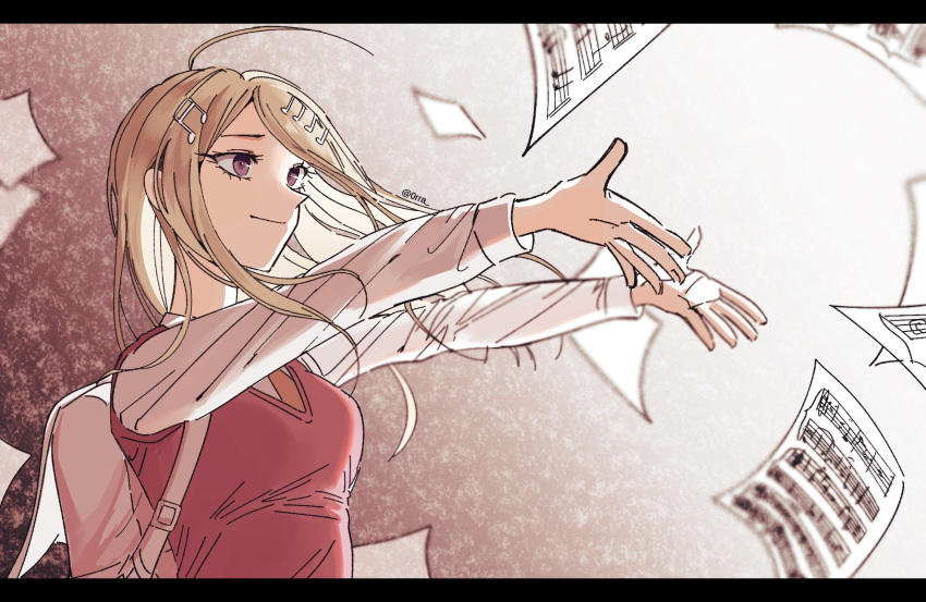 1girl, ahoge, akamatsu_kaede, artist_name, backpack, bag, blonde_hair, breasts, closed_mouth, danganronpa_(series), danganronpa_v3:_killing_harmony, gradient_background, hair_ornament, hands_up, highres, large_breasts, lasam_(0rra), long_hair, long_sleeves, musical_note, musical_note_hair_ornament, necktie, orange_necktie, paper, pink_background, pink_eyes, pink_sweater_vest, sheet_music, shirt, smile, sweater_vest