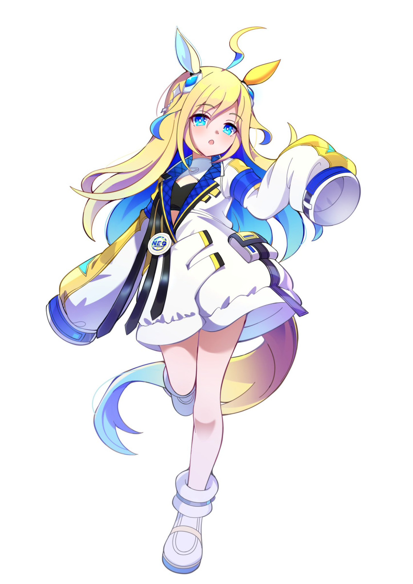 1girl, ahoge, animal_ears, blonde_hair, blue_eyes, colored_inner_hair, full_body, hair_between_eyes, highres, horse_ears, horse_tail, jacket, leg_up, long_hair, mochiyukimi21, multicolored_hair, neo_universe_(umamusume), simple_background, solo, tail, two-tone_hair, umamusume, white_background, white_footwear, white_jacket