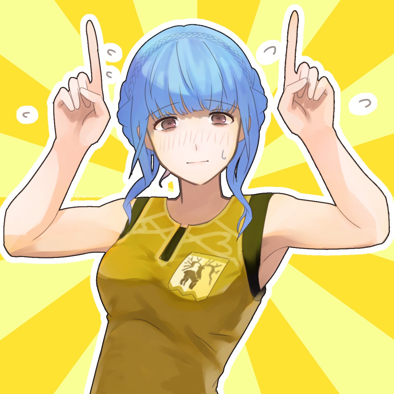1girl, aoisu_ao, bare_shoulders, blue_hair, blunt_bangs, blush, braid, brown_eyes