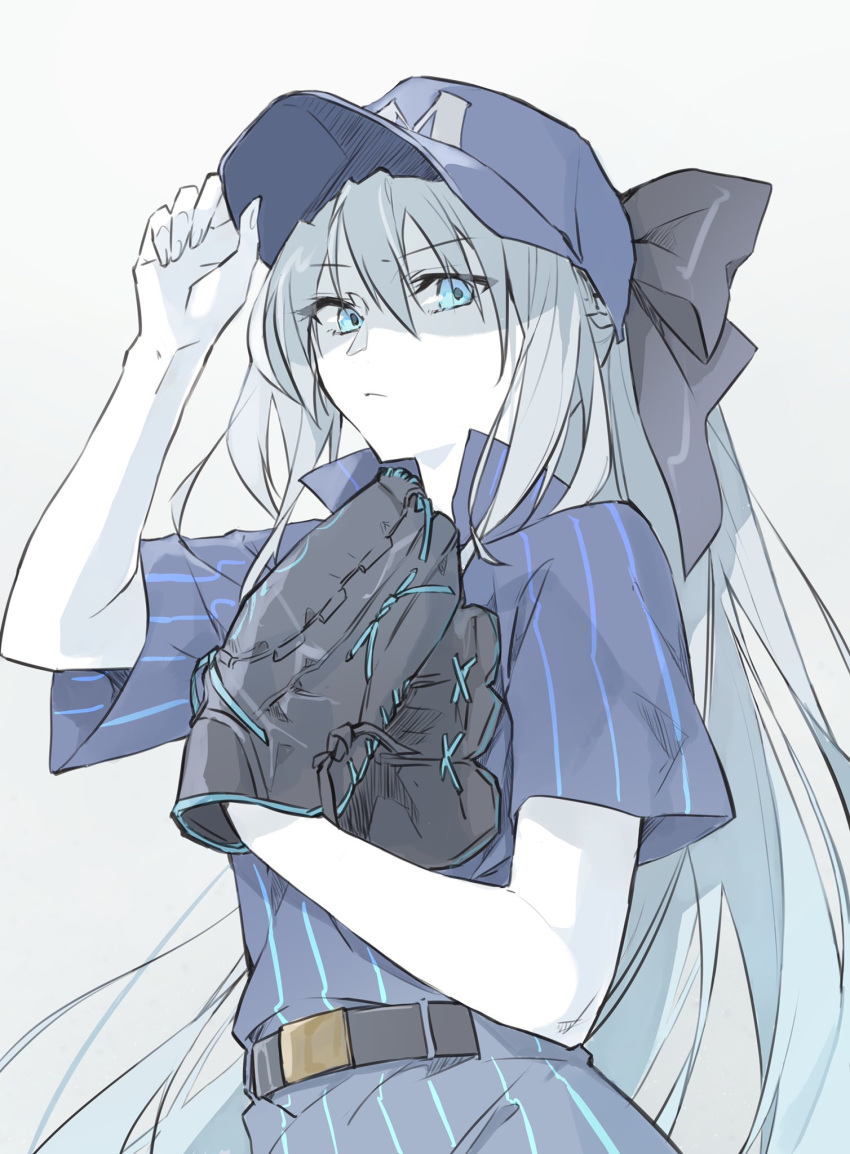 1girl, baseball_cap, baseball_mitt, baseball_uniform, belt, blue_eyes, fate/grand_order, fate_(series), grey_background, grey_hair, hat, highres, kino_kokko, long_hair, morgan_le_fay_(fate), ponytail, shirt, sportswear, striped, striped_shirt