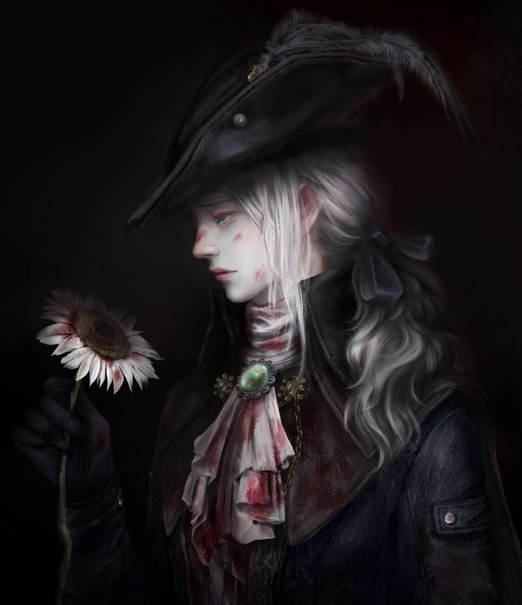 1girl, ascot, blood, blood_on_clothes, blood_stain, bloodborne, coat, collar