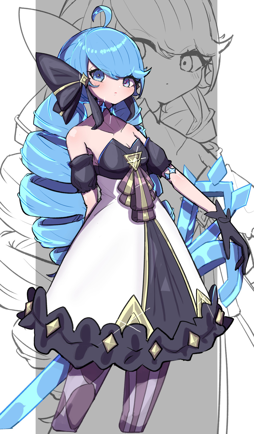 1girl, absurdres, ahoge, bare_shoulders, black_bow, black_dress, black_gloves, blue_hair