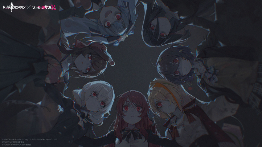 6+girls, black_hair, blue_skin, brown_hair, colored_skin, crossover, dango_hair_ornament, food-themed_hair_ornament