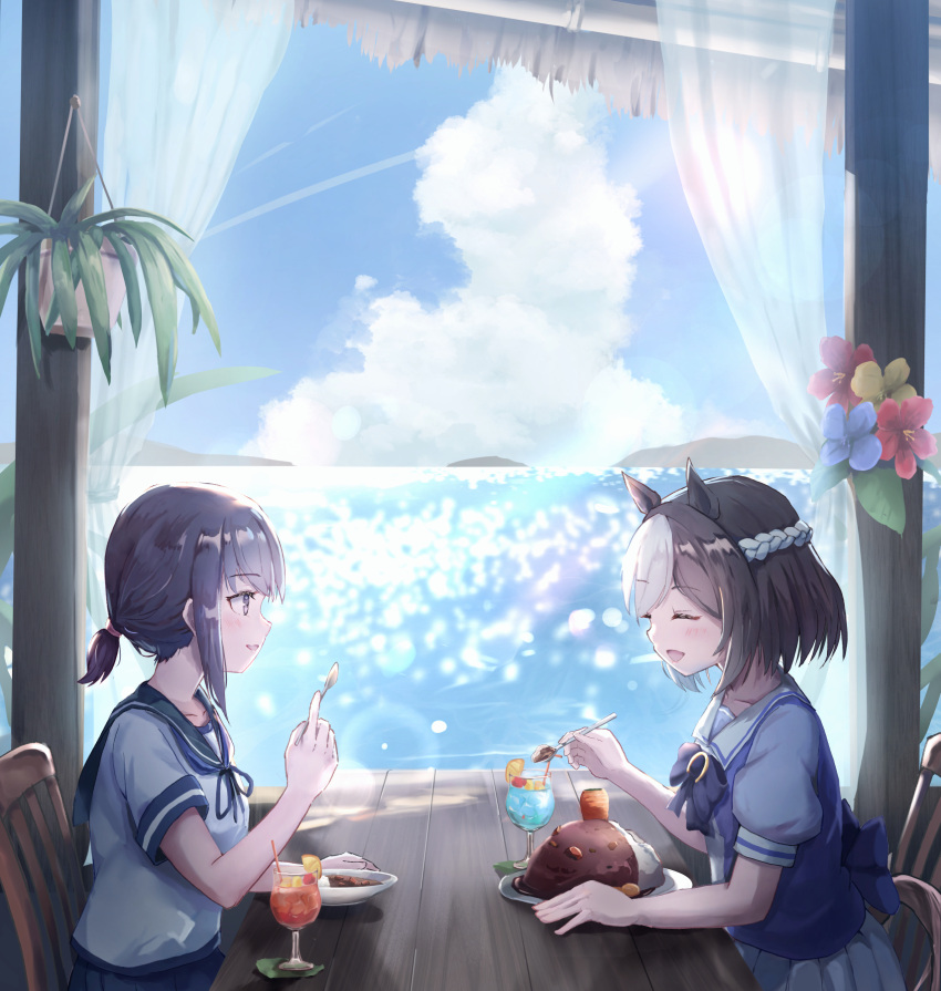 2girls, animal_ears, aoniyoshi, blue_sailor_collar, braid, brown_hair, closed_eyes, crossover